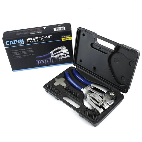 16 Piece Metal Hole Punch Kit For Sheet Metal With Puncher Built For Pros displayed in a black case with seven punch and die sizes.
