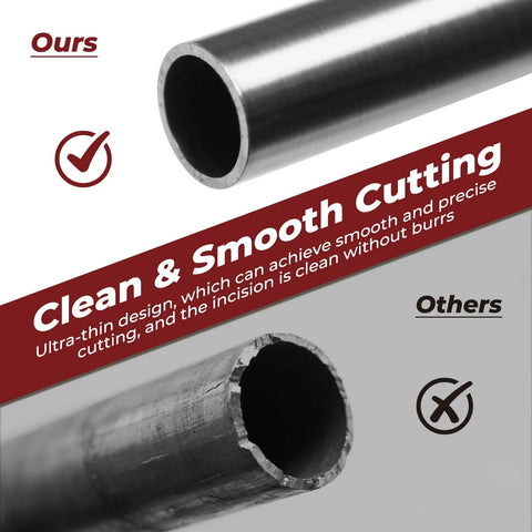 Comparison of clean cut pipe versus rough cut, showcasing benefits of heavy duty cut off wheel set for rotary tools, 20 pieces with 10 1.5 inch discs and 10 1.97 inch discs, fiberglass reinforced for tough durability, includes quarter inch hex shank, quarter inch mandrel, and eighth inch mandrel.