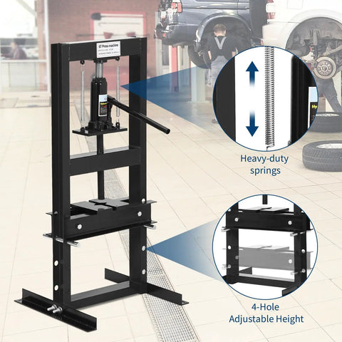 6 Ton H Frame Hydraulic Floor Shop Press For Heavy Duty Automotive And Metalworking Tasks With Adjustable Plates For Bending Straightening Bearing Removal And U Joint Repair, black steel frame with 4-hole adjustable height