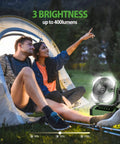 Ultra Powerful 20000mAh Camping Fan With Light And Remote Auto Oscillating Fan next to couple sitting by tent in woods