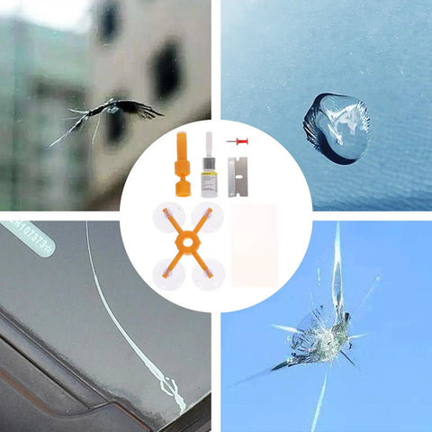 Car Windshield Repair Kit For Chips And Bullseye Cracks Quick Cure Glass Repair For Laminated Automotive Glass And Easy Do It Yourself Crack Fix For Your Car Windshields Reliable All In One Kit showing kit tools and crack examples.