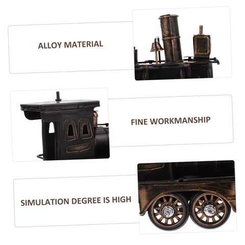 Close-up details of Vintage Steam Locomotive Model Sculpture for Desk Decor and Living Room, showcasing alloy material and fine workmanship.