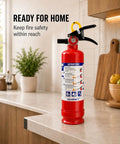 ABC Fire Extinguisher For Home Base With Patent Pending Easy Press Handle That Skips The Pin Drama, 2.5 Lb unit on kitchen counter.