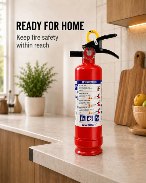 ABC Fire Extinguisher For Home Base With Patent Pending Easy Press Handle That Skips The Pin Drama, 2.5 Lb unit on kitchen counter.