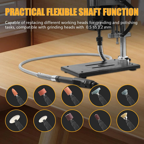 Portable 200W Mini Drill Press With Flexible Shaft For Angled Drilling, showing shaft and grinding attachments on a table.