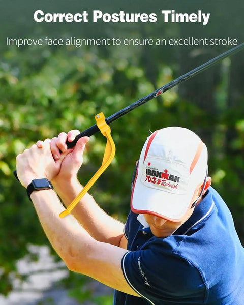 Golf player using Golf Wrist Hinge Swing Hack Training Aid for Swing Correction and Elbow Posture Improve Back Swing Build Muscle Memory Prevent Slice and Hook Ideal Beginner Practice Tool for Consistent Shots outdoors.