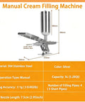 Pro Grade Donut Filler Machine 5L Manual Injector with 4 anti drip pipes, stainless steel dimensions and specifications shown.