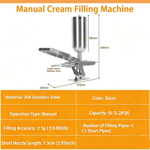 Pro Grade Donut Filler Machine 5L Manual Injector with 4 anti drip pipes, stainless steel dimensions and specifications shown.