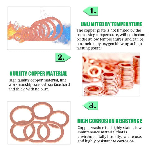 Copper Washers Set 320 Pieces Assorted Sealing Washers For Automotive Use Eight Metric Sizes M6 To M20 Features Infographic