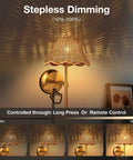 Wireless Boho Rattan Wall Sconce Set of Two with stepless dimming, sleek brass finish, showing touch control feature.