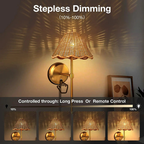 Wireless Boho Rattan Wall Sconce Set of Two with stepless dimming, sleek brass finish, showing touch control feature.
