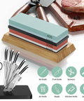 Pro Grade Knife And Axe Sharpening Stone Set displayed with bamboo base, knife holder, and illustrated knife uses.