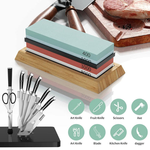 Pro Grade Knife And Axe Sharpening Stone Set displayed with bamboo base, knife holder, and illustrated knife uses.