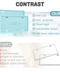 Comparison between a turquoise silicone license plate frame and a traditional metal frame, highlighting anti-rust and anti-scratch features.