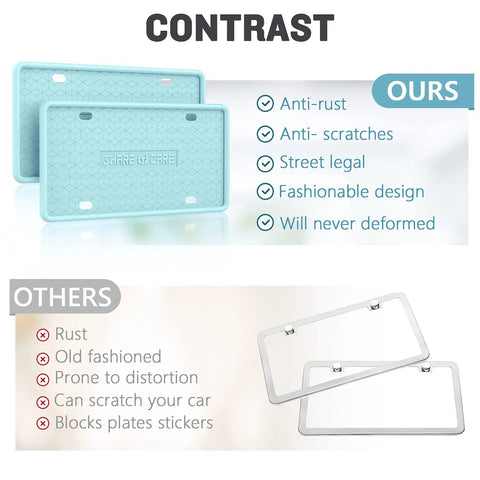 Comparison between a turquoise silicone license plate frame and a traditional metal frame, highlighting anti-rust and anti-scratch features.