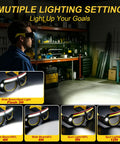 Rugged Job Site Ready Hands Free Glow Up Led Safety Glasses with multiple lighting modes displayed in workshop.