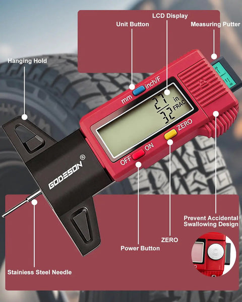 Red digital tire tread depth gauge with large LCD, stainless steel needle, three modes, and color coded scale for measurements.