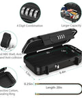 Portable Safe Box with 4 Digit Combination Lock, shown open with internal measurements and security features, for travel security.