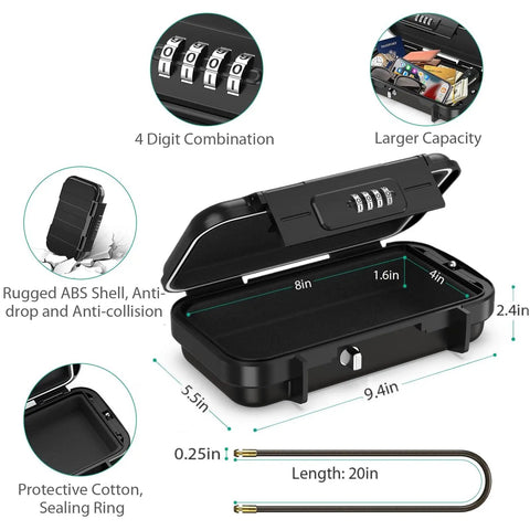 Portable Safe Box with 4 Digit Combination Lock, shown open with internal measurements and security features, for travel security.