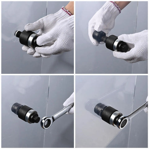 Worker using Pro Grade Knockout Hole Punch Set From Half Inch To Two Inch For Sheet Metal And Electrical Conduit Ratcheting Wrench Kit.
