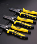 Two Piece Wire Stripping Tool Set For 10 To 22 AWG And 22 To 30 AWG Solid And Stranded Wires With Precision Stripping Holes, four tools displayed