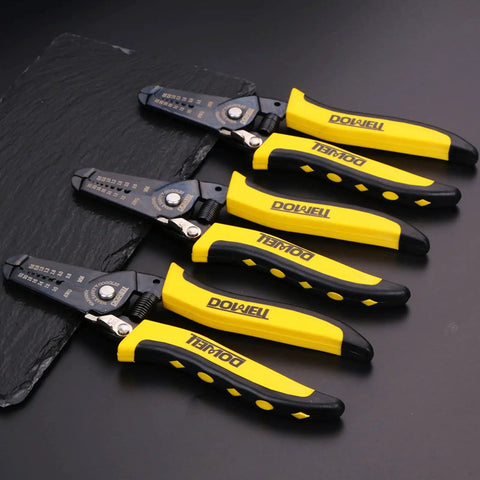 Two Piece Wire Stripping Tool Set For 10 To 22 AWG And 22 To 30 AWG Solid And Stranded Wires With Precision Stripping Holes, four tools displayed