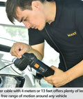 Man using 3 Inch Dual Action Car Buffer Polisher With 9mm Orbit on vehicle headlight, highlighting variable speed motor.