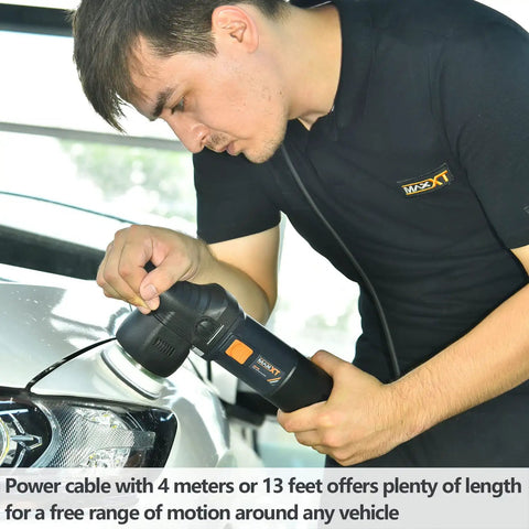 Man using 3 Inch Dual Action Car Buffer Polisher With 9mm Orbit on vehicle headlight, highlighting variable speed motor.