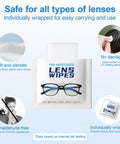 Lens Wipes front view: pre-moistened, individually wrapped lens cleaning wipes in white pouch for glasses and camera lenses.