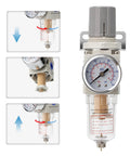 Front view: LNCHKA pneumatic filter-regulator combo with 1/4 in NPT, 150 psi gauge, brass 5 micron cartridge