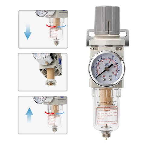 Front view: LNCHKA pneumatic filter-regulator combo with 1/4 in NPT, 150 psi gauge, brass 5 micron cartridge