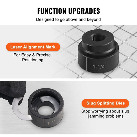 Laser alignment mark and slug splitting dies on the Heavy Duty 15 Ton Hydraulic Knockout Punch Kit With Conduit Hole Cutter Set One Half To Four Inches Includes 10 Piece Puncher Kit Metal Sheet Driver Tools For Aluminum Brass Stainless Steel Fiberglass And Plastic.