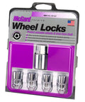 Premium Chrome Cone Seat Wheel Locks Set Of 4 With Exclusive Key To Keep Your Rig Safe For Half Inch 20 Thread Sizes shown in packaging.