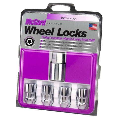 Premium Chrome Cone Seat Wheel Locks Set Of 4 With Exclusive Key To Keep Your Rig Safe For Half Inch 20 Thread Sizes shown in packaging.