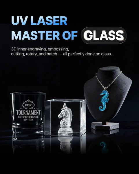 Pro Grade Ultra UV Glass Engraver With 5W Laser, 3D Inner Engraving, Dual 48MP Cameras, glass and crystal products display