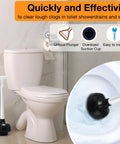 Heavy Duty Toilet Plunger Bulk Pack Of Six Black Double Thrust Rubber Force Cups Built Like A Tank For Knocking Out Stubborn Drain Clogs And Commercial Cleaning Teams in a bathroom setting.