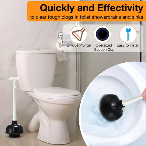 Heavy Duty Toilet Plunger Bulk Pack Of Six Black Double Thrust Rubber Force Cups Built Like A Tank For Knocking Out Stubborn Drain Clogs And Commercial Cleaning Teams in a bathroom setting.