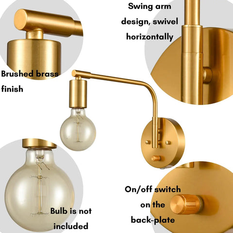 Edison Brass Wall Sconces Set Of Two Plug In Swing Arm Lights With On Off Switch, Cool Mid Century Modern Vibe, ETL Listed, close-up details