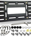 Front License Plate Bracket Mounting Kit For Bumpers With No Holes Or Two Pre Drill Holes No Sweat Install Universal Car Tag Adapter With Anti Theft Stainless Steel Screw Bolt Caps, featuring ABS bracket and hardware.