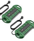 Weatherproof Outdoor Power Strip With Eight Outlets IPX6 Waterproof Extension Cord For Wet Conditions 6 Foot Heavy Duty Surge Protector For Christmas Lights And Garden Decor Green, shown in pair with cords.