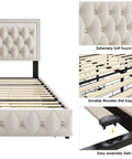 Queen Size Velvet Bed Frame Featuring Smooth As Butter Storage Drawers, Smart Led Chill Lights, Adjustable Headboard, Button Tufted Modern Platform Bed, Solid Wood Slats, No Sweat Assembly, Beige close-up of tufted headboard and wooden slats