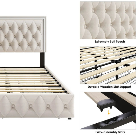 Queen Size Velvet Bed Frame Featuring Smooth As Butter Storage Drawers, Smart Led Chill Lights, Adjustable Headboard, Button Tufted Modern Platform Bed, Solid Wood Slats, No Sweat Assembly, Beige close-up of tufted headboard and wooden slats