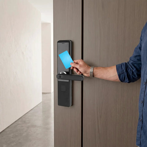 User accessing Slick Smart Fingerprint Door Lock And Keyless Entry Deadbolt Handle with blue card, heavy duty aluminum alloy design.