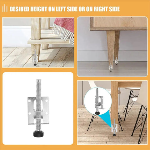 Heavy Duty Adjustable Furniture Levelers 8 Pack Beefy For Tables Cabinets Workbenches And Shelves, metal threaded feet in use