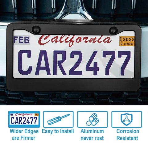Matte Black License Plate Frame Set For Your Ride, 2 Hole Solid Aluminum Car Plate Holder on vehicle with text highlights