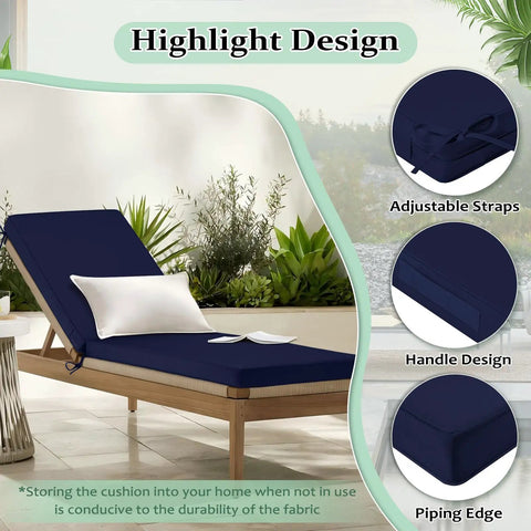 Get Comfy Two-Piece Chaise Lounge Cushions Set for Outdoor Furniture, navy, 72x21x3, waterproof, on patio chair