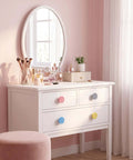 White dresser with Colorful Wood Cabinet Knobs Set Of 12 1.5 Inch Diameter Cone Shape Drawer Pulls, pink, blue, and yellow knobs visible.