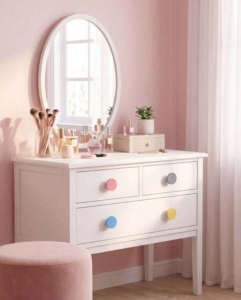 White dresser with Colorful Wood Cabinet Knobs Set Of 12 1.5 Inch Diameter Cone Shape Drawer Pulls, pink, blue, and yellow knobs visible.