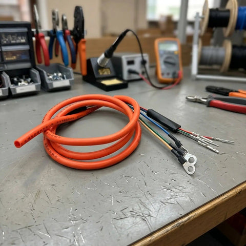 Upgrade Your Ride With Heavy Duty E Bike Motor Extension Cable Featuring Premium Pure Copper Core And High Conductivity For 1000W Systems Designed To Handle Massive Loads Without Voltage Drop While Staying Super Durable And Weatherproof In Any Climate., orange 2.5mm² copper e-bike motor extension cable with sealed connectors and ring terminals
