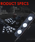 White Truck Bed Light Kit With 24 LEDs, 8 Pod Cargo Rock Lighting Kit, specs showing voltage, LED type, IP67 rating
